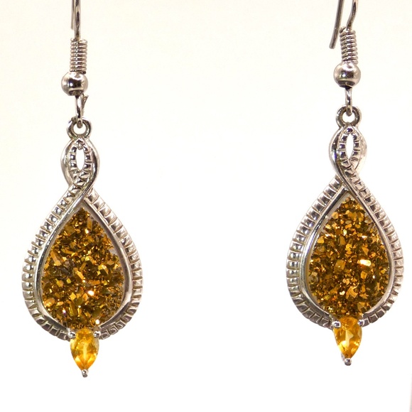 Golden Druzy & Citrine Sterling Silver Earrings - Picture 8 of 9